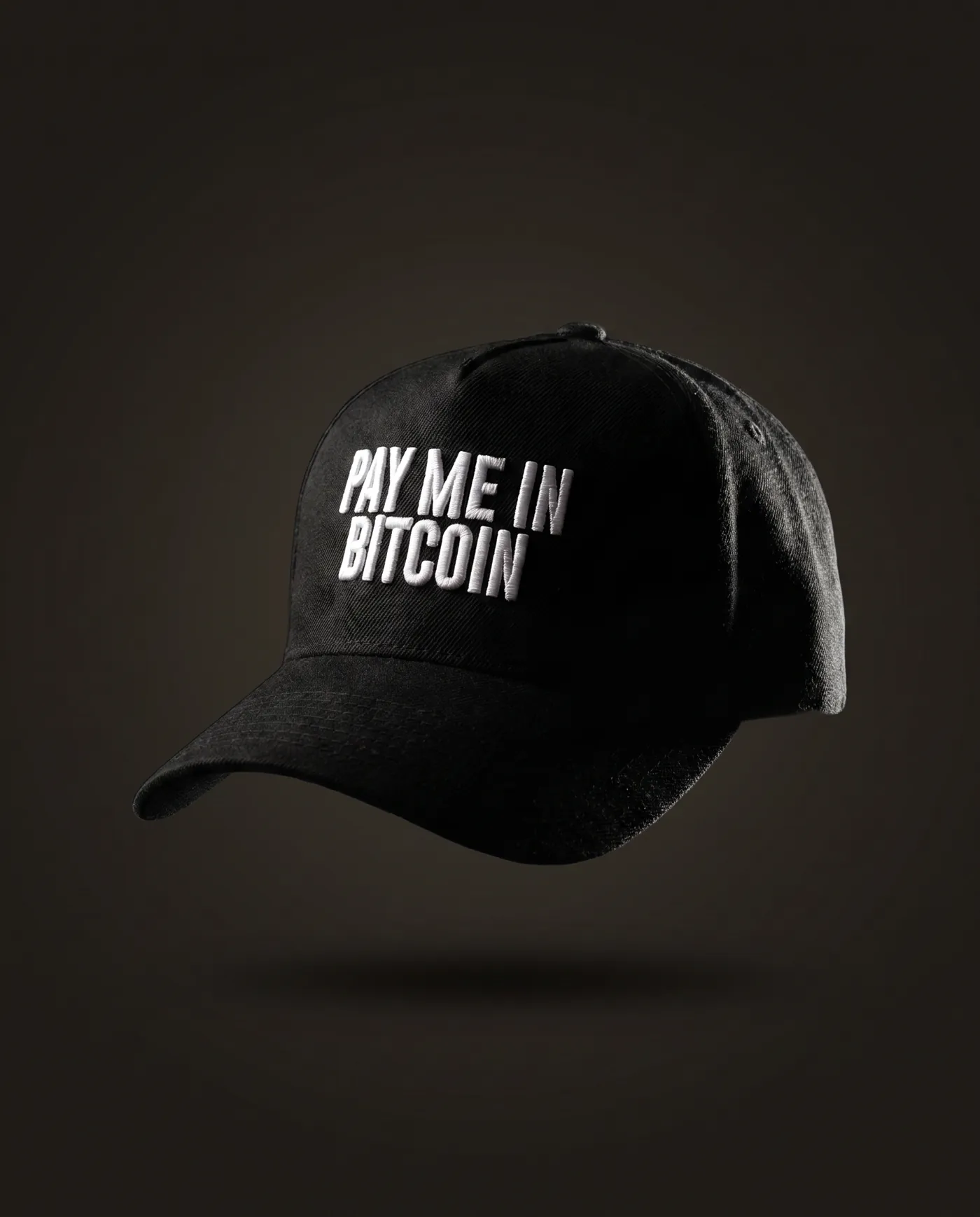 Pay Me In Bitcoin, all-black five-panel cap with white 3D embroidery
