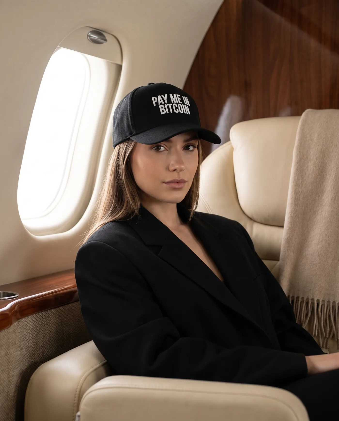 Pay Me In Bitcoin worn in a private jet cabin